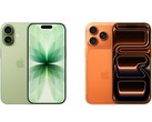 配备双摄像头的绿色 iPhone 17 和配备三摄像头的橙色 iPhone 17 Pro 的并排图片。(图片来源：Apple)