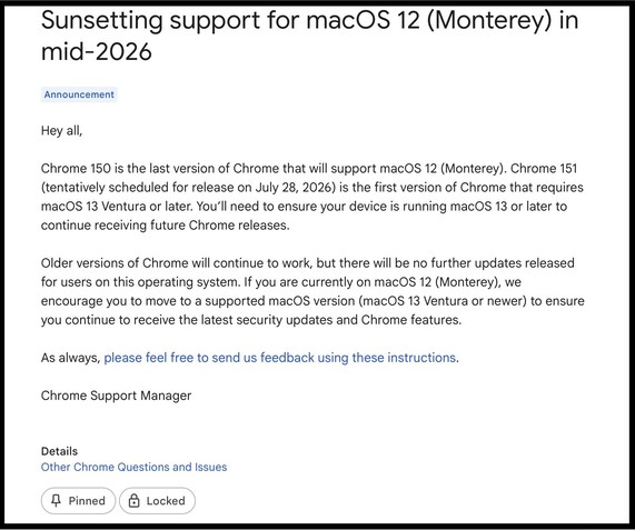 Chrome 150 将是最后一个支持 macOS Monterey 的谷歌 Chrome 浏览器版本。  (图片来源：谷歌）