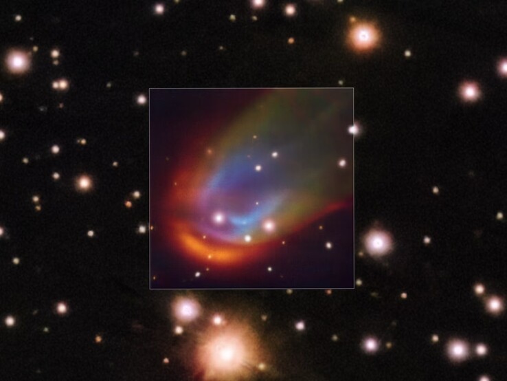显示死星 RXJ0528+2838 周围冲击波的图像。(图片来源：ESO/K：  ESO/K.Iłkiewicz and S. Scaringi et al. Background：PanSTARRS)
