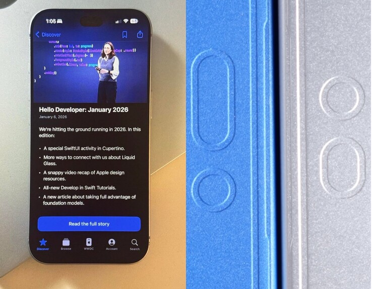 据称是 iPhone 18 Pro 的原型机（左），iPhone 18 Pro Max 设计模型（右）。