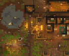 RimWorld 游戏截图，展示了一处遭受攻击的殖民地，画面中有火灾、动物和建筑。
