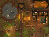 RimWorld 游戏截图，展示了一处遭受攻击的殖民地，画面中有火灾、动物和建筑。