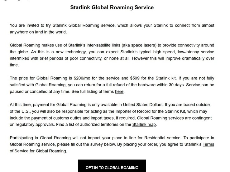 SpaceX公司新的Starlink全球漫游服务备忘录