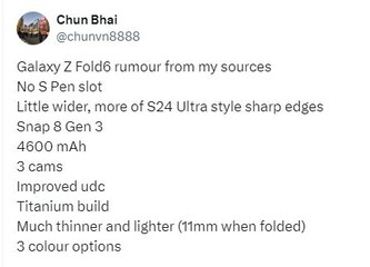 即将发布的Galaxy Z 折叠 6 泄密暗示将逐步升级。(来源：Chun Bhai via Twitter）
