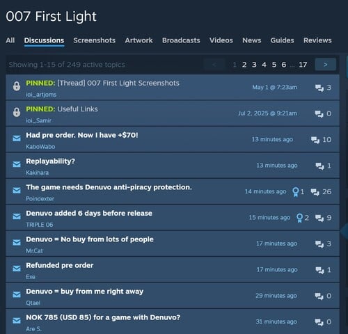 007 First Light Steam 论坛中的 Denuvo 投诉