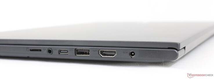 右边。MicroSD插槽，3.5毫米组合音频，USB-C，USB-A 3.2 Gen. 1，HDMI 1.4