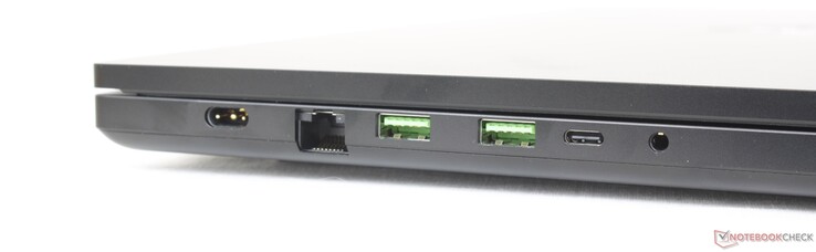 左边：AC适配器，2.5Gbps RJ-45，2个USB-A 3.2 Gen. 2，USB-C w/ Power Delivery + DisplayPort 1.4，3.5mm耳机
