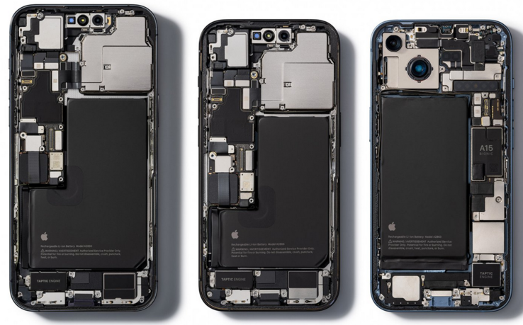 iPhone 14 系列的内部结构和电池。(来源：iFixit）