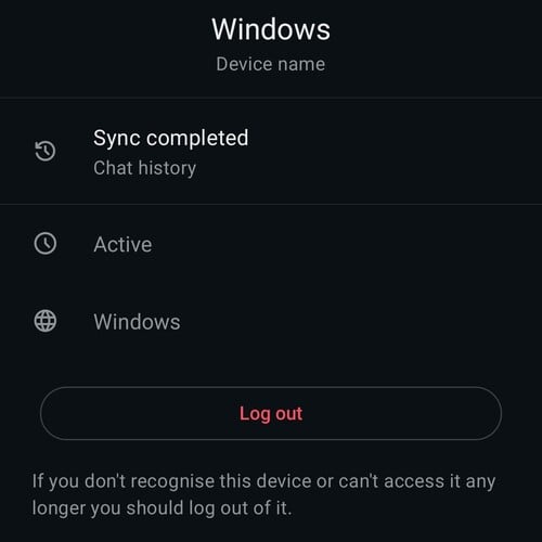 已连接的 WhatsApp 设备的详细视图,显示设备名称、其状态以及一个红色的“注销”按钮