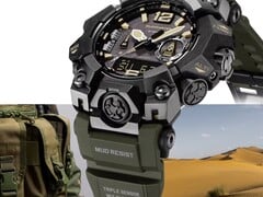 卡西欧G-Shock Mudmaster GWG-B1000-1A3的特写镜头，展示了其黑色表壳、浅棕色表盘点缀、橄榄绿色表带、坚固的防护护角以及“Triple Sensor”标识，背景为军用装备和沙漠景观。