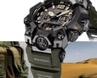 卡西欧G-Shock Mudmaster GWG-B1000-1A3的特写镜头，展示了其黑色表壳、浅棕色表盘点缀、橄榄绿色表带、坚固的防护护角以及“Triple Sensor”标识，背景为军用装备和沙漠景观。