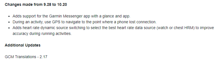 Garmin vivoactive 5 更新 10.20 的更改日志。(图片来源：Garmin）