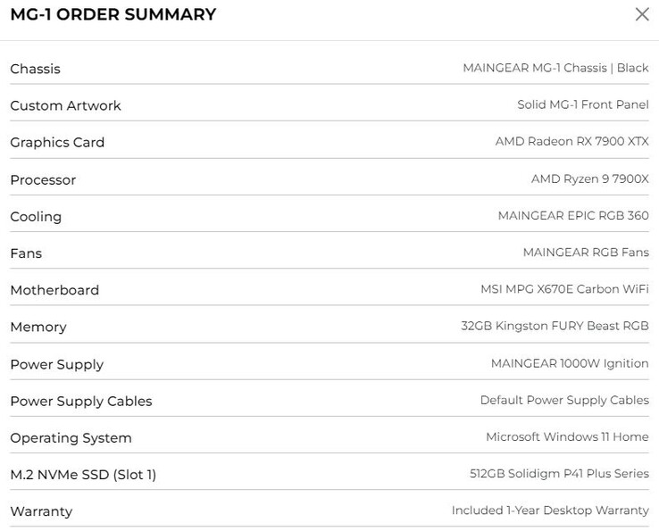 Maingear MG-1 3,681美元，配备AMD Ryzen 9 CPU和RX 7000系列GPU（来源：自己）。