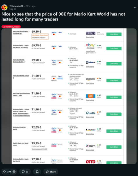 Reddit 上关于德文版《马里奥卡丁车世界》价格的翻译帖子（图片来源：截图，NintendoDE subreddit）
