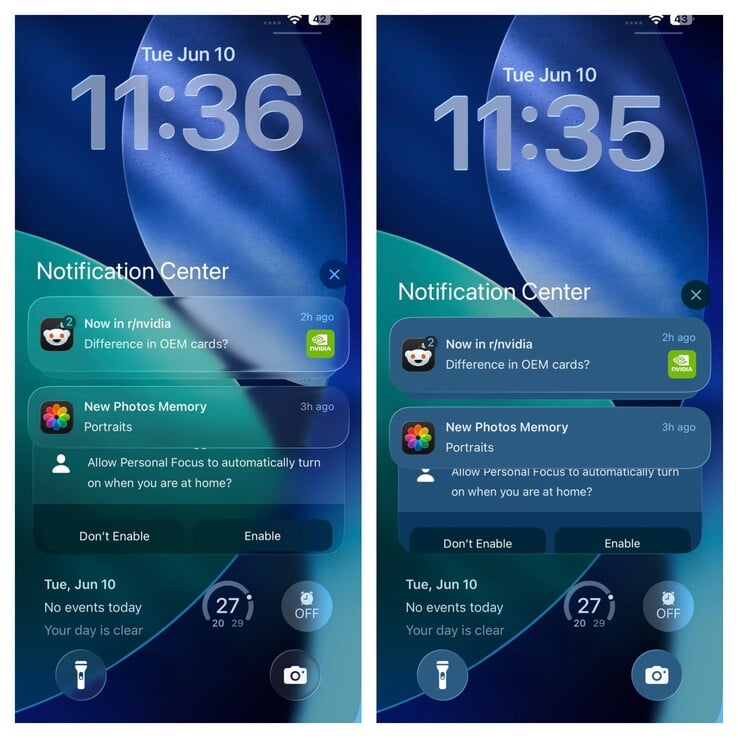有透明度和无透明度的 iOS 26 锁屏。(图片来源：Vaidyanathan S. on X）