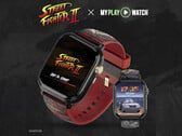Street Fighter II: My Play Watch 游戏手表，配有红色表带、金色饰件和第二个手表显示屏，背景为深色纹理。
