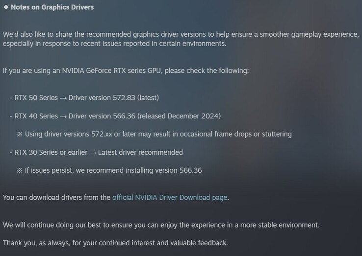 inZoi GPU 驱动程序推荐（图片来源：Steam）