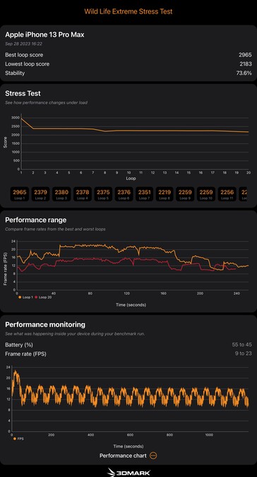 3D Mark Wild Life Extreme Stress Test 对 A15 Bionic 的测试结果。(来源：Notebookcheck）