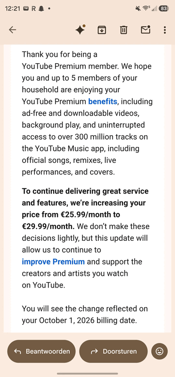 YouTube Premium 家庭套餐涨价通知邮件