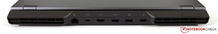 后部。千兆以太网，USB-C 3.2 Gen.2 (Power Delivery, DisplayPort 1.4), HDMI 2.1, USB-A 3.2 Gen.1, USB-A 3.2 Gen.1 (Powered), 电源(超薄尖端)