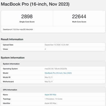 Apple M3 Max 的 Geekbench 7 测试结果。