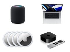 展示 HomePod、MacBook Pro、AirTags 和带有 Siri Remote 的Apple TV 的拼贴画。(图片来源:Apple)