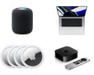 展示 HomePod、MacBook Pro、AirTags 和带有 Siri Remote 的Apple TV 的拼贴画。(图片来源：Apple)