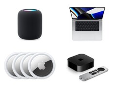 展示 HomePod、MacBook Pro、AirTags 和带有 Siri Remote 的Apple TV 的拼贴画。(图片来源:Apple)