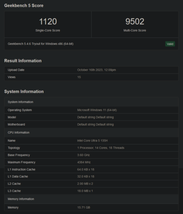 英特尔酷睿 5 135H Geekbench 性能（图片来自 Geekbench）