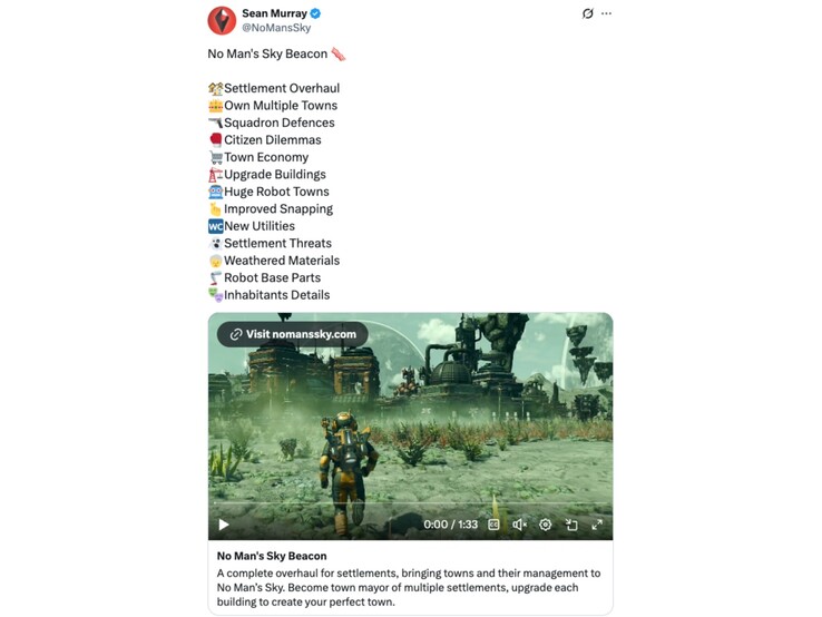 Hello Games 工作室负责人分享《无人天空》灯塔更新的细节。(图片来源：Sean Murray on X）