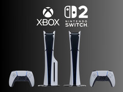 PS5 游戏机位于 Xbox 和任天堂 Switch 2 徽标下方（图片来源：索尼 PlayStation、微软游戏公司、任天堂美国公司，有编辑）：索尼 PlayStation、微软游戏、任天堂美国经编辑）
