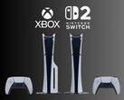 PS5 游戏机位于 Xbox 和任天堂 Switch 2 徽标下方（图片来源：索尼 PlayStation、微软游戏公司、任天堂美国公司，有编辑）：索尼 PlayStation、微软游戏、任天堂美国经编辑）