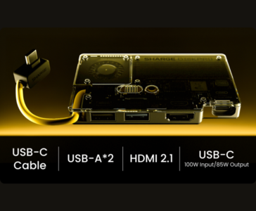 Sharge Disk Pro 透明便携式固态硬盘，显示内置 USB-C 线缆、双 USB-A 端口、HDMI 2.1 和 USB-C，输入功率 100 瓦，输出功率 85 瓦（Sharge，通过 Kickstarter）。