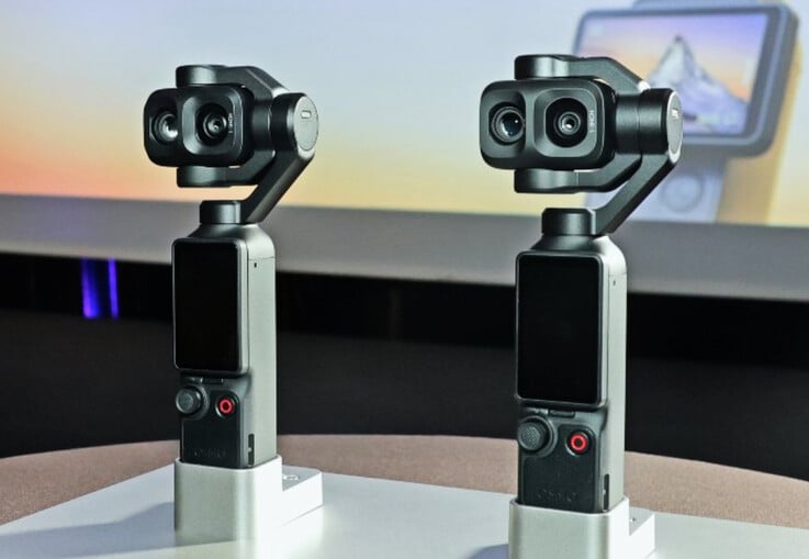 戛纳电影节上展出的一对大疆 Osmo Pocket 4P 相机。