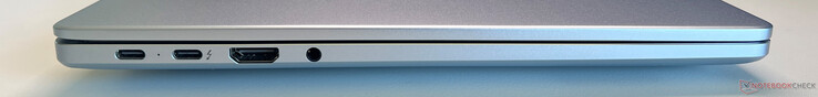 左：左：USB-C 3.2 Gen.1（5 Gbit/s、DisplayPort ALT 模式、电力传输）、带 Thunderbolt 4 的 USB-C 4.0（40 Gbit/s、DisplayPort ALT 模式、电力传输）、HDMI 2.1 TMDS、3.5 mm 音频