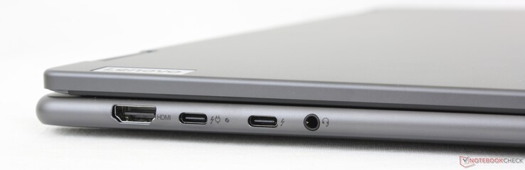 左边：HDMI 1.4b，2个USB-C 3.2 w/ Thunderbolt 4 + DisplayPort + Power Delivery，3.5mm耳机