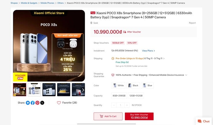 Poco X8s 商品页面在 Xiaomi 越南官方 Shopee 店铺上的显示情况