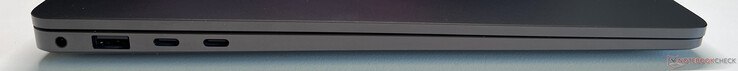 左：3.5 毫米音频、USB-A 3.2 Gen 1（5 Gbit/s）、2x USB-C 4.0（带 Thunderbolt 4，40 Gbit/s）、DisplayPort ALT Mode 2.1、Power Delivery 3.0