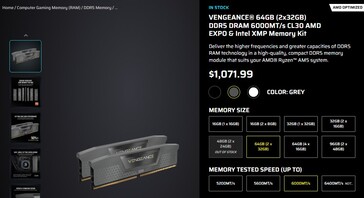 海盗船 Vengeance 64GB DDR5 内存套装当前价格。(图片来源:海盗船)