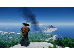 对马岛之魂》中的风景照，展示了站在山上俯瞰岛屿的金。(图片来源：Steam）