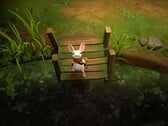 奎尔在《苔藓：被遗忘的遗迹》中的一座木桥上休息。