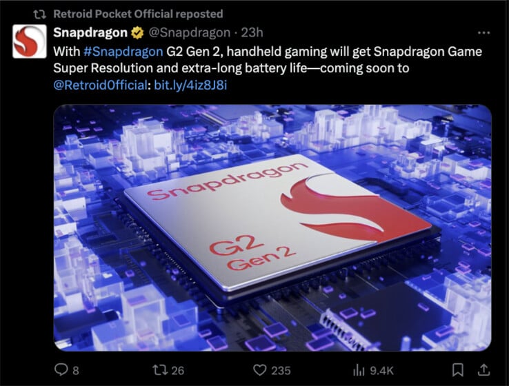 高通公司在 3 月份预告 Retroid 将使用 Snapdragon G2 Gen 2。(图片来源：Qualcomm &amp; X）