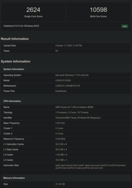 Ryzen AI 7 450 Geekbench 列表(图片来源:Geekbench)