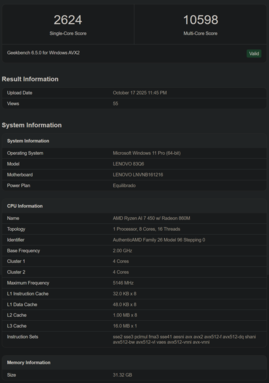Ryzen AI 7 450 Geekbench 列表（图片来源：Geekbench）