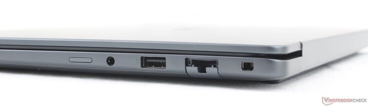 正确:Nano-SIM卡槽(可选)、3.5毫米耳机接口、USB-A 3.2 Gen. 1(5 Gbps)、RJ-45(1 Gbps)、Noble锁