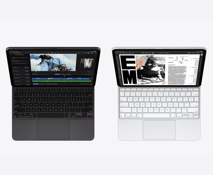 Apple 配备 Magic Keyboard 的太空黑和银色 iPad Pro M5 机型，显示 Ultra Retina XDR OLED 显示屏上的视频编辑和文档应用程序（图片来源：Apple)