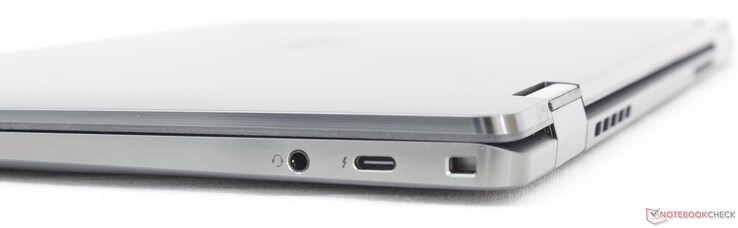 右边：3.5毫米耳机，USB-C 3.2 w/ Thunderbolt 4 + Power Delivery + DisplayPort，楔形锁。