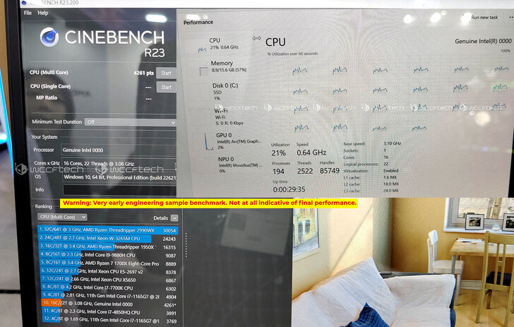 Meteor Lake-U/H在Cinebench R23中的表现。 (图片来源：Videocardz via Wccftech)