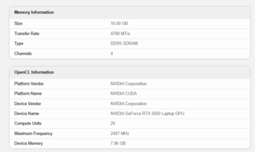 GeForce RTX 5050 笔记本电脑规格（图片来源：Geekbench）