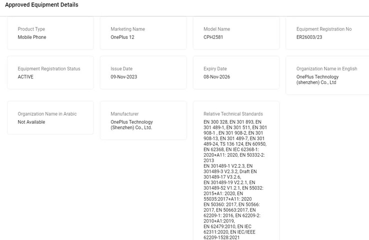据报道，OnePlus 12 已进入 TDRA 数据库。(来源：TDRA via MySmartPrice）